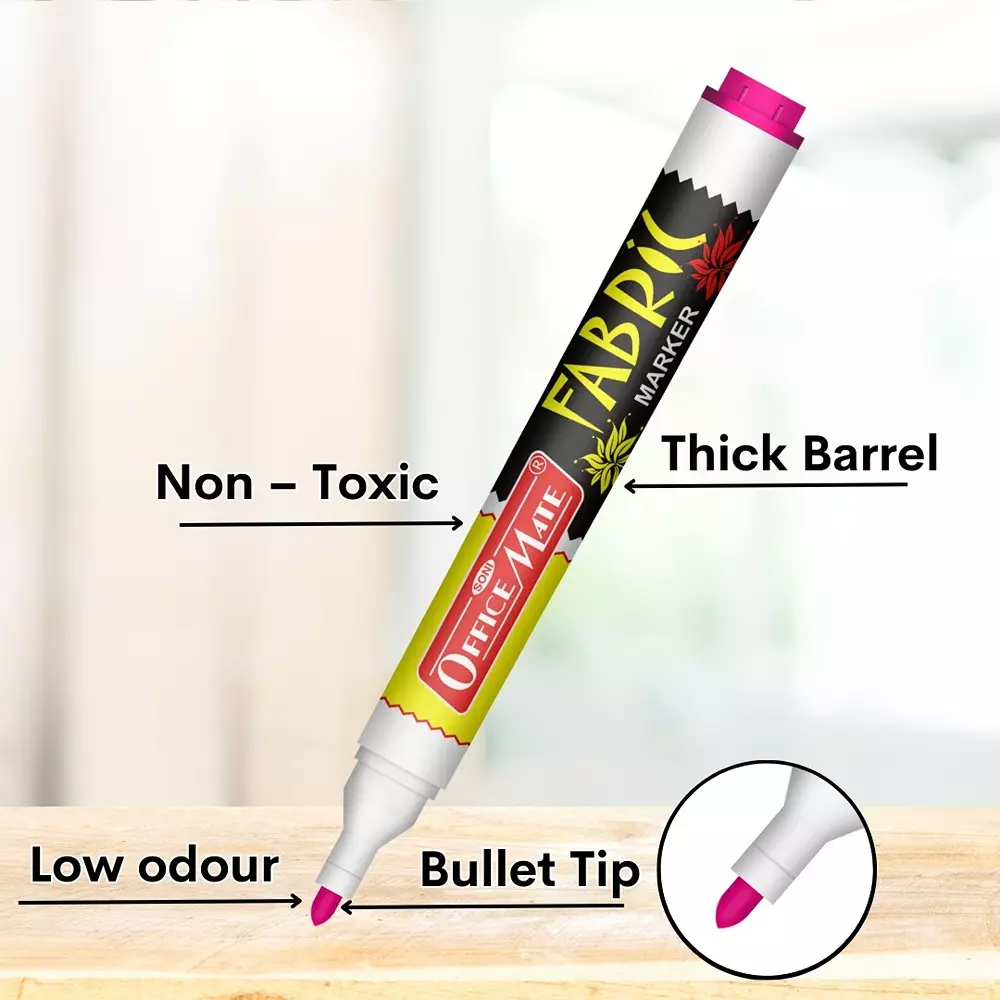Soni Office Mate Fabric Marker 4.43 mm Bullet Tip Wash Resistant Ink for Fabric Art, Multicolor (Pack of 5)