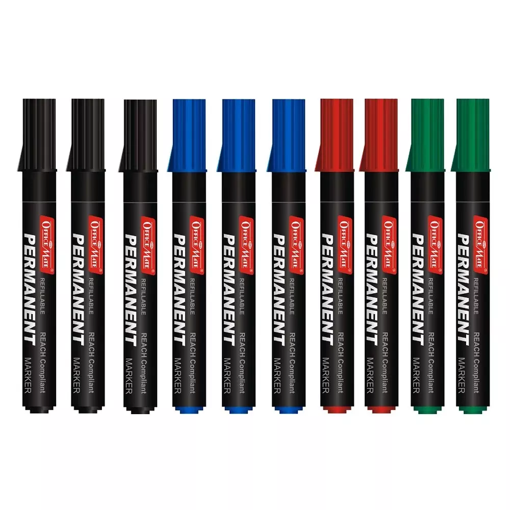 Soni Office Mate Regular Permanent Markers Anti Roll Cap Type Quick Drying, Non Bleeding 4.43 mm Bullet Tip Ideal For Home, School & Office Use, Multicolor (Pack of 10)