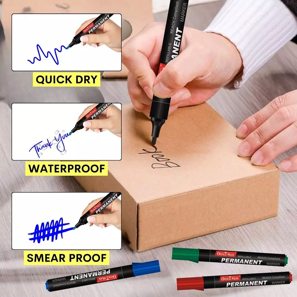 Soni Office Mate Regular Permanent Markers Anti Roll Cap Type Quick Drying, Non Bleeding 4.43 mm Bullet Tip Ideal For Home, School & Office Use, Multicolor (Pack of 10)