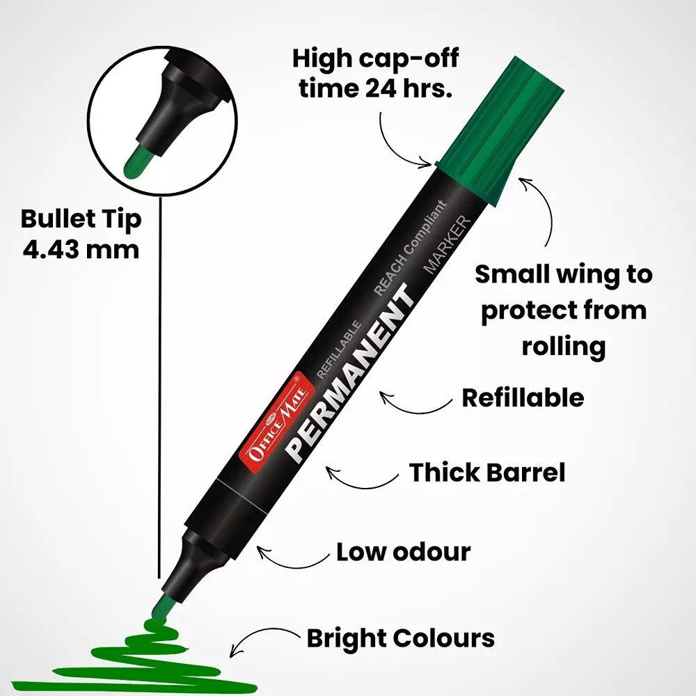 Soni Office Mate Regular Permanent Markers Anti Roll Cap Type Quick Drying, Non Bleeding 4.43 mm Bullet Tip Ideal For Home, School & Office Use, Multicolor (Pack of 10)