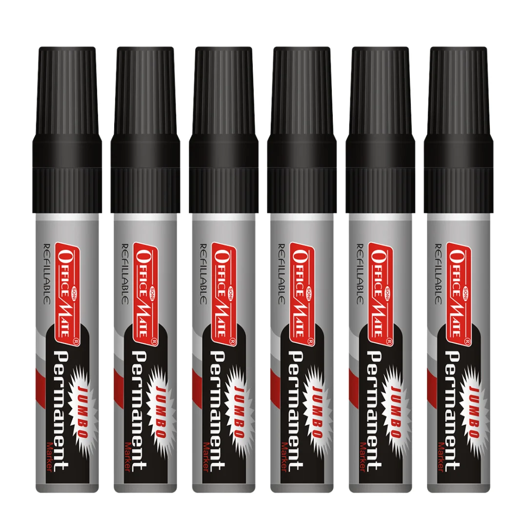 Soni Office Mate Jumbo Permanent Marker Refillable 10 mm Chisel Tip for Plastic, Glass, Metal & More, Black (Pack of 6)