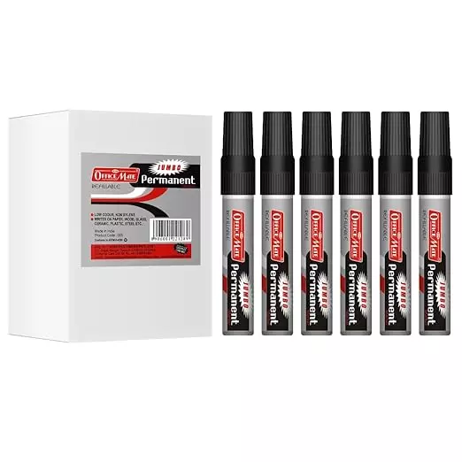 Soni Office Mate Jumbo Permanent Marker Refillable 10 mm Chisel Tip for Plastic, Glass, Metal & More, Black (Pack of 6)