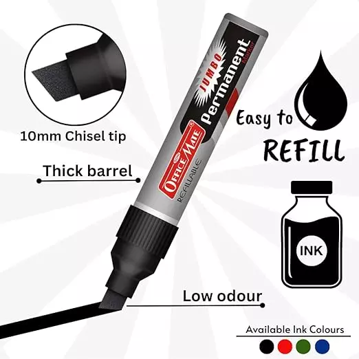 Soni Office Mate Jumbo Permanent Marker Refillable 10 mm Chisel Tip for Plastic, Glass, Metal & More, Black (Pack of 6)