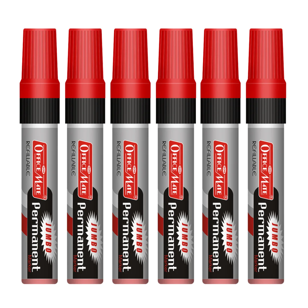 Soni Office Mate Jumbo Permanent Marker Refillable 10 mm Chisel Tip for Plastic, Glass, Metal & More, Red (Pack of 6)