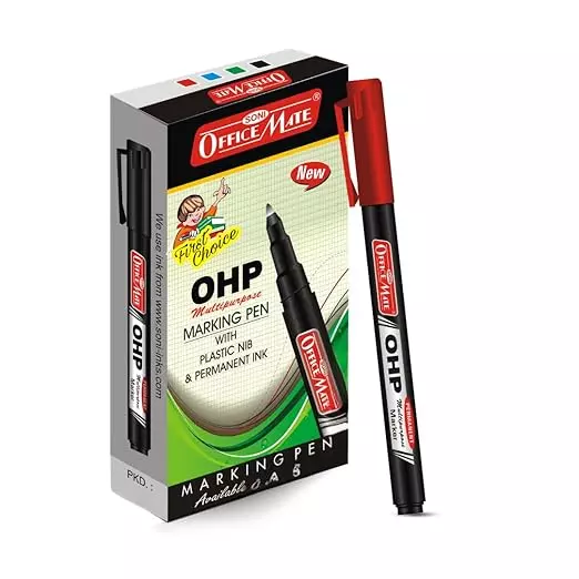 Soni Office Mate Permanent OHP/CD/DVD Marker 2.2 mm Fine Tip Fade Proof, Water Proof, Quick Drying Ink, Red (Pack of 10)
