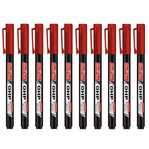 Soni Office Mate Permanent OHP/CD/DVD Marker 2.2 mm Fine Tip Fade Proof, Water Proof, Quick Drying Ink, Red (Pack of 10)