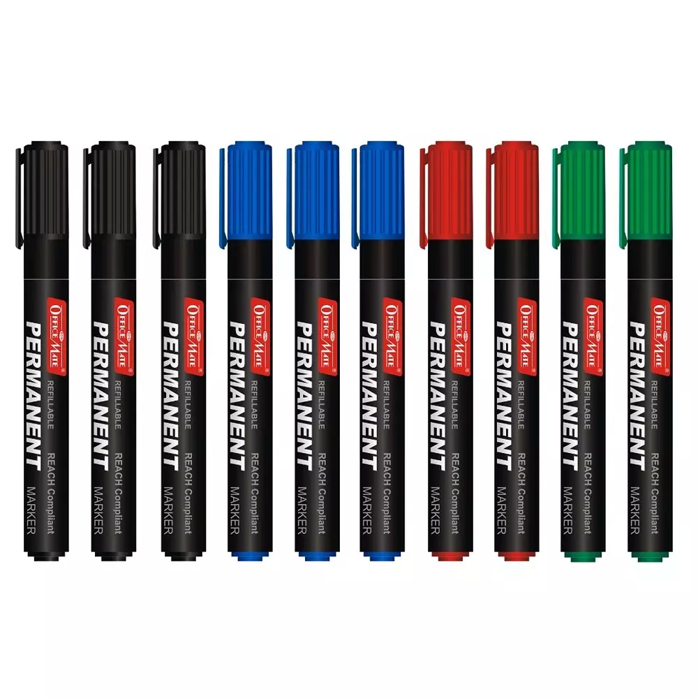 Soni Office Mate Regular Permanent Markers Cap with Clip Type Quick Drying, Non Bleeding 4.43 mm Bullet Tip Ideal For Home, School & Office Use, Multicolor (Pack of 10)