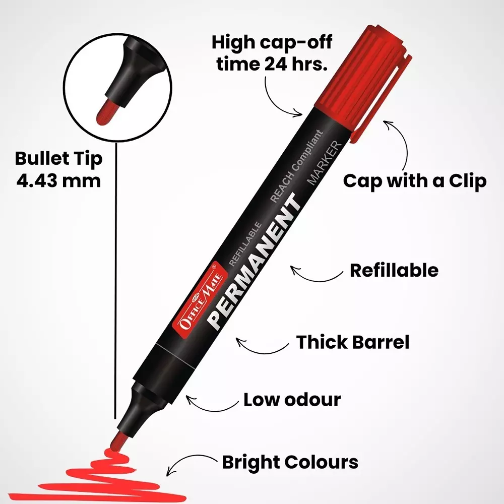 Soni Office Mate Regular Permanent Markers Cap with Clip Type Quick Drying, Non Bleeding 4.43 mm Bullet Tip Ideal For Home, School & Office Use, Multicolor (Pack of 10)