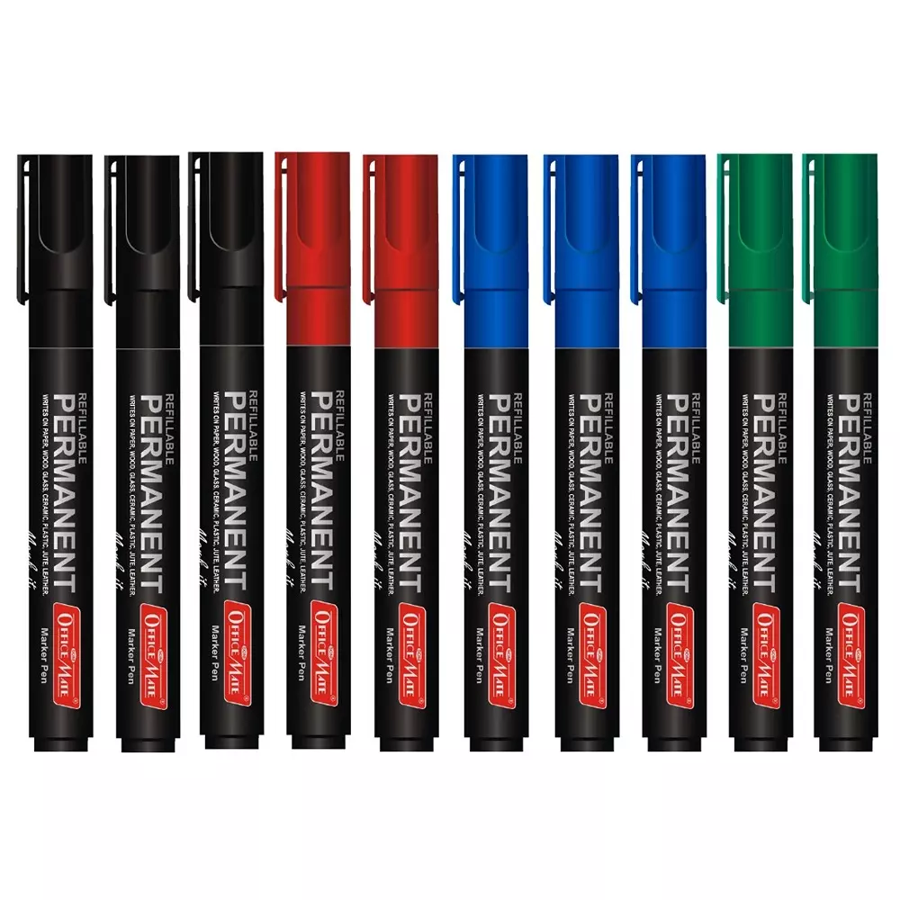 Soni Office Mate Permanent Marker Refillable 4.43 mm Bullet Tip for Plastic, Glass, Metal & More, Multicolor (Pack of 10)