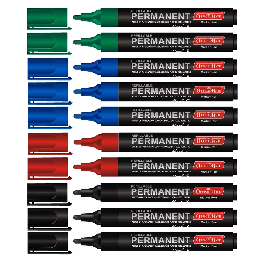 Soni Office Mate Permanent Marker Refillable 4.43 mm Bullet Tip for Plastic, Glass, Metal & More, Multicolor (Pack of 10)