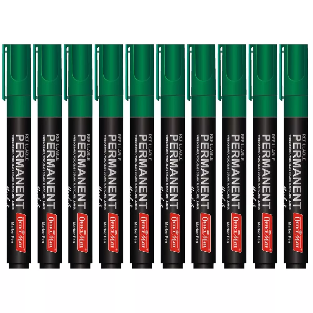 Soni Office Mate Permanent Marker Refillable 4.43 mm Bullet Tip for Plastic, Glass, Metal & More, Green (Pack of 10)