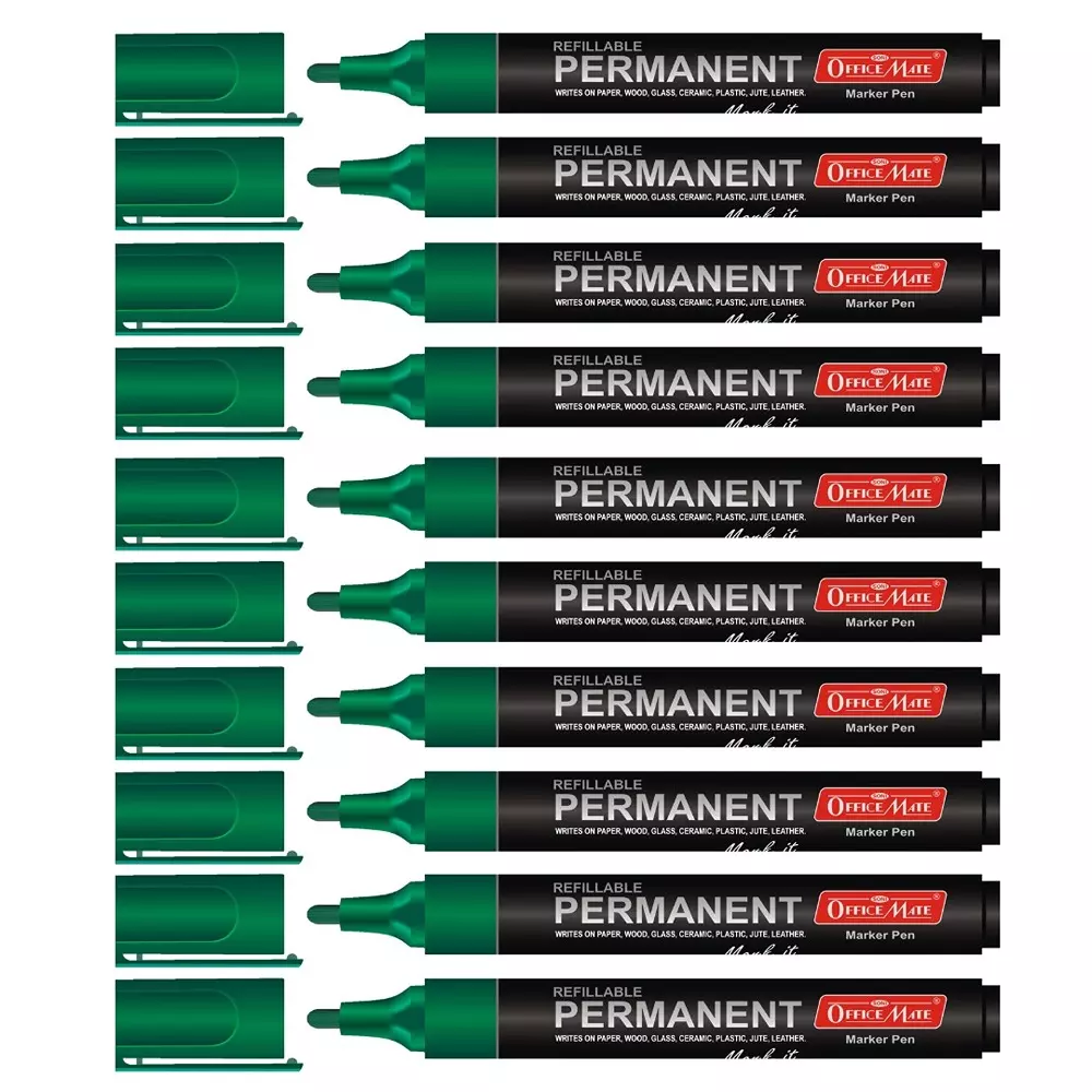 Soni Office Mate Permanent Marker Refillable 4.43 mm Bullet Tip for Plastic, Glass, Metal & More, Green (Pack of 10)