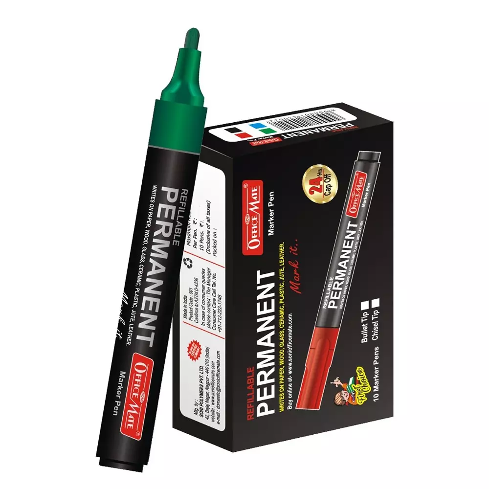 Soni Office Mate Permanent Marker Refillable 4.43 mm Bullet Tip for Plastic, Glass, Metal & More, Green (Pack of 10)