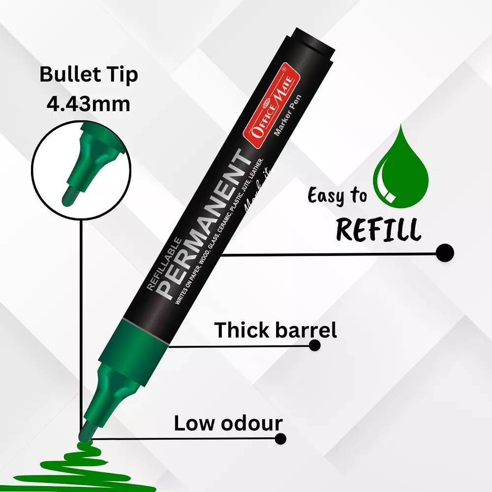 Soni Office Mate Permanent Marker Refillable 4.43 mm Bullet Tip for Plastic, Glass, Metal & More, Green (Pack of 10)