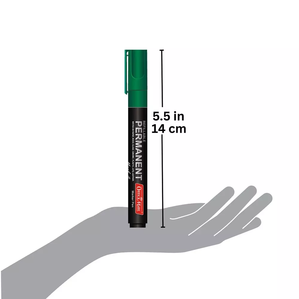 Soni Office Mate Permanent Marker Refillable 4.43 mm Bullet Tip for Plastic, Glass, Metal & More, Green (Pack of 10)