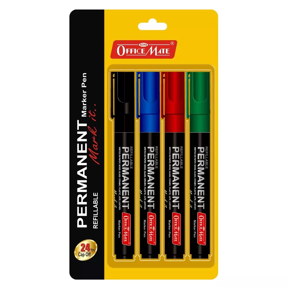 Soni Office Mate 4 Pcs Permanent Marker Refillable 4.43 mm Bullet Tip for Plastic, Glass, Metal & More, Black, Blue, Red, Green (Pack of 2)