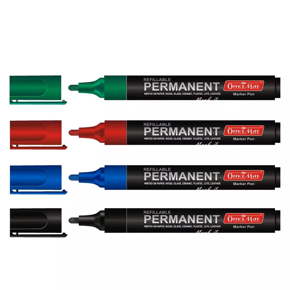 Soni Office Mate 4 Pcs Permanent Marker Refillable 4.43 mm Bullet Tip for Plastic, Glass, Metal & More, Black, Blue, Red, Green (Pack of 2)