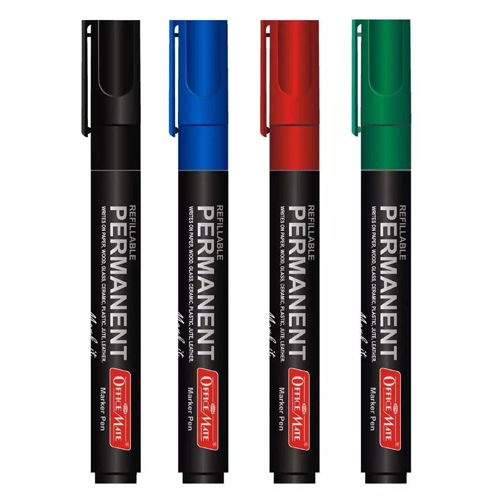 Soni Office Mate 4 Pcs Permanent Marker Refillable 4.43 mm Bullet Tip for Plastic, Glass, Metal & More, Black, Blue, Red, Green (Pack of 2)