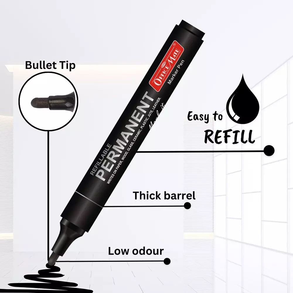 Soni Office Mate 4 Pcs Permanent Marker Refillable 4.43 mm Bullet Tip for Plastic, Glass, Metal & More, Black, Blue, Red, Green (Pack of 2)