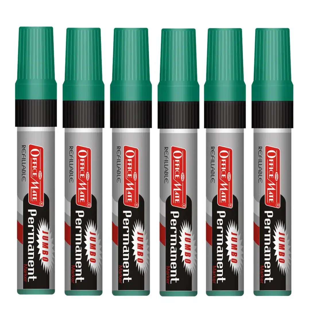 Soni Office Mate Jumbo Permanent Marker Refillable 10 mm Chisel Tip for Plastic, Glass, Metal & More, Green (Pack of 6)