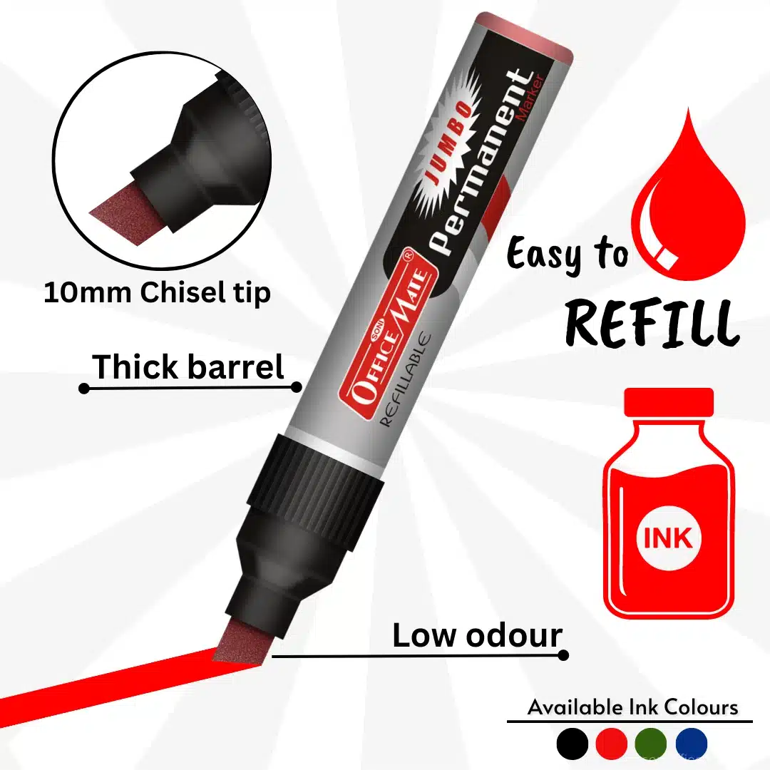 Soni Office Mate Jumbo Permanent Marker Refillable 10 mm Chisel Tip for Plastic, Glass, Metal & More, Green (Pack of 6)