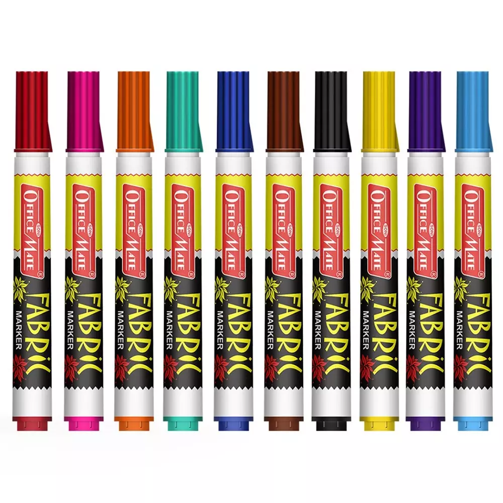 Soni Office Mate Fabric Marker 4.43 mm Bullet Tip Wash Resistant Ink for Fabric Art, Multicolor (Pack of 10)