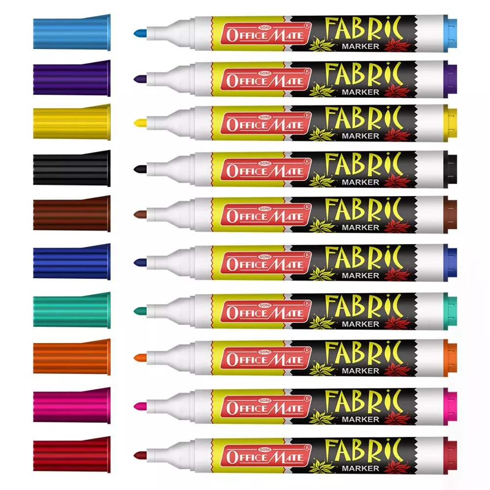Soni Office Mate Fabric Marker 4.43 mm Bullet Tip Wash Resistant Ink for Fabric Art, Multicolor (Pack of 10)