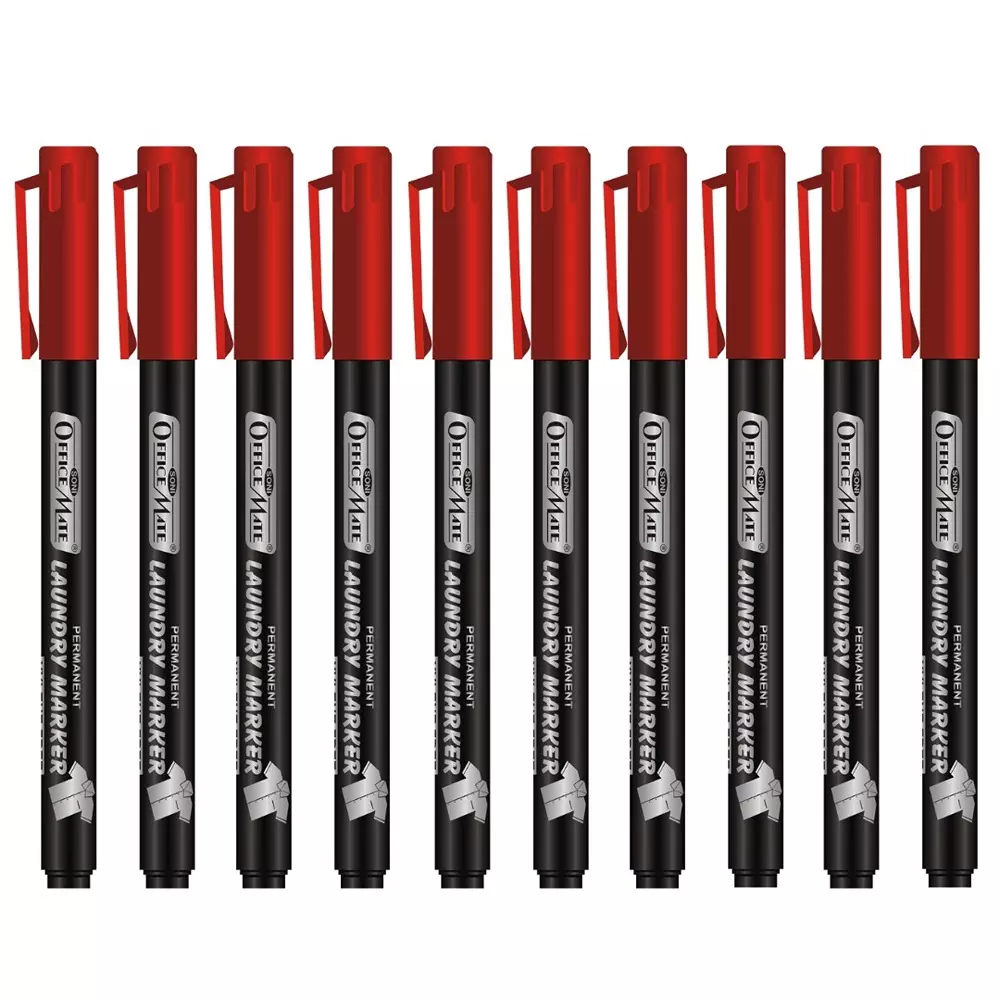 Soni Office Mate 1.09 mm Fine Tip Laundry Marker Fade Proof, Water Proof, Quick Drying Ink for Uniform, Bags & Labels, Red (Pack of 10)