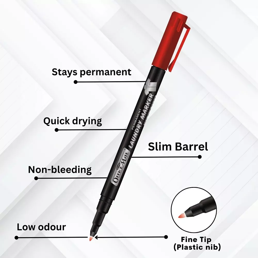 Soni Office Mate 1.09 mm Fine Tip Laundry Marker Fade Proof, Water Proof, Quick Drying Ink for Uniform, Bags & Labels, Red (Pack of 10)