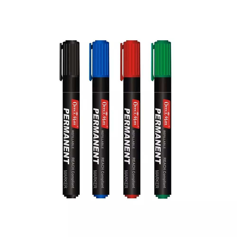 Soni Office Mate Regular Permanent Markers Cap with Clip Type Quick Drying, Non Bleeding 4.43 mm Bullet Tip Ideal For Home, School & Office Use, Multicolor (Pack of 4)