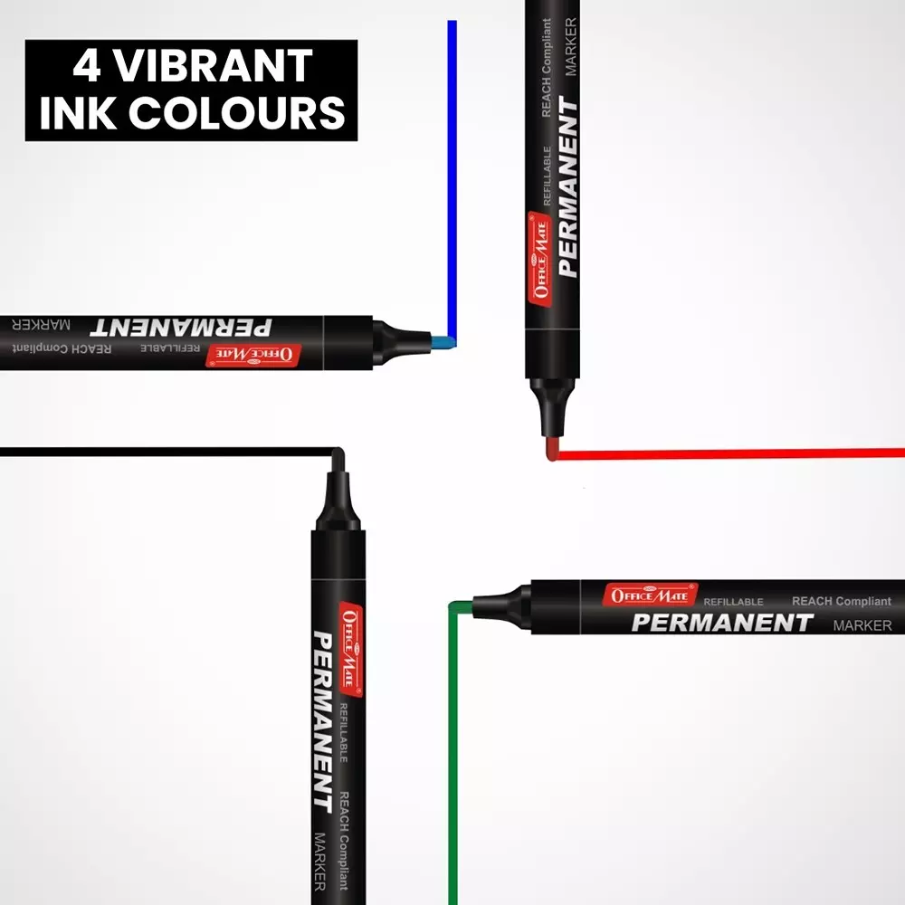Soni Office Mate Regular Permanent Markers Cap with Clip Type Quick Drying, Non Bleeding 4.43 mm Bullet Tip Ideal For Home, School & Office Use, Multicolor (Pack of 4)