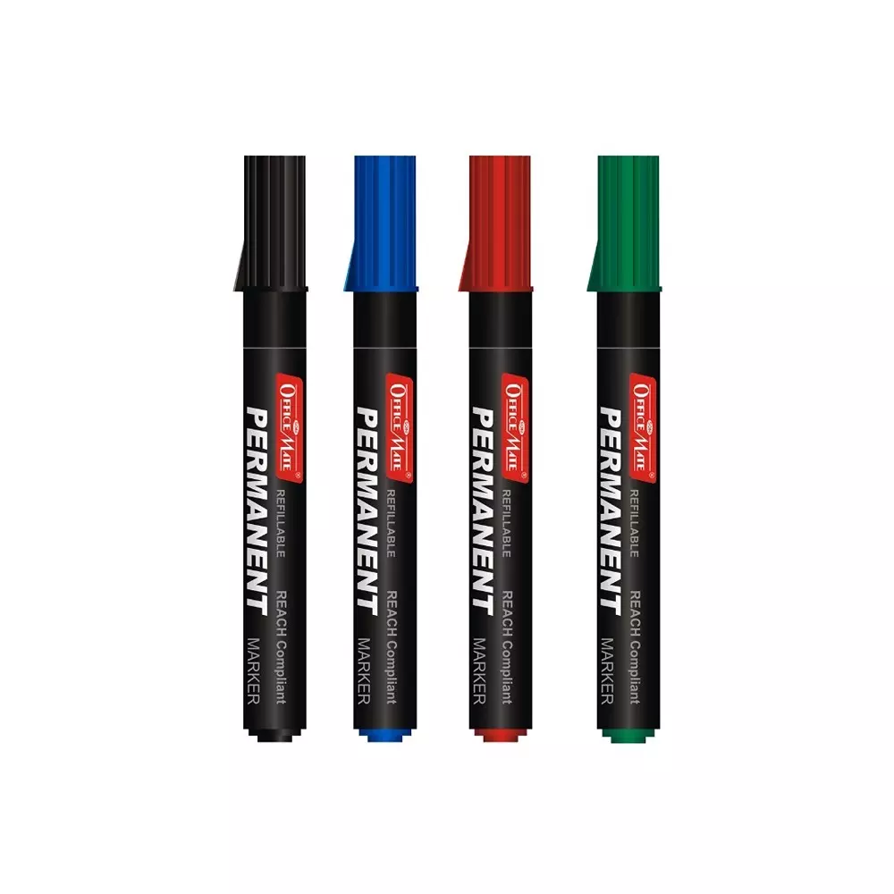 Soni Office Mate Regular Permanent Markers Anti Roll Cap Type Quick Drying, Non Bleeding 4.43 mm Bullet Tip Ideal For Home, School & Office Use, Multicolor (Pack of 4)