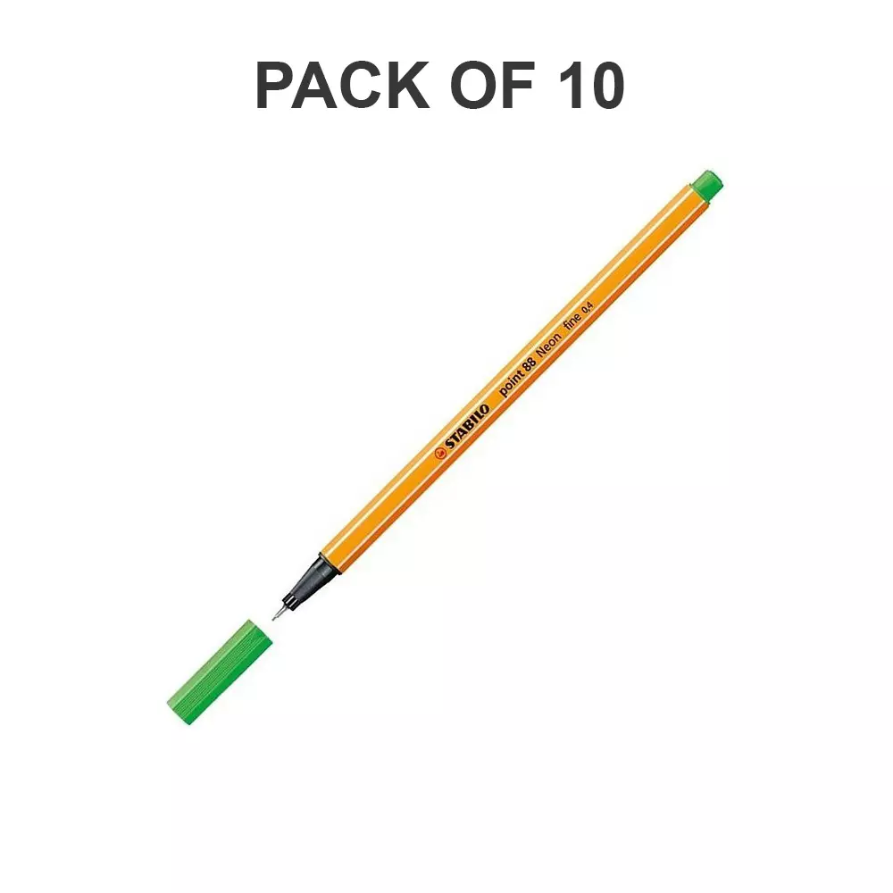 Stabilo Point 88 Fineliner Pen 0.4 mm Metal Enclosed Tip Neon Green, 88/033-10PC (Pack of 10)