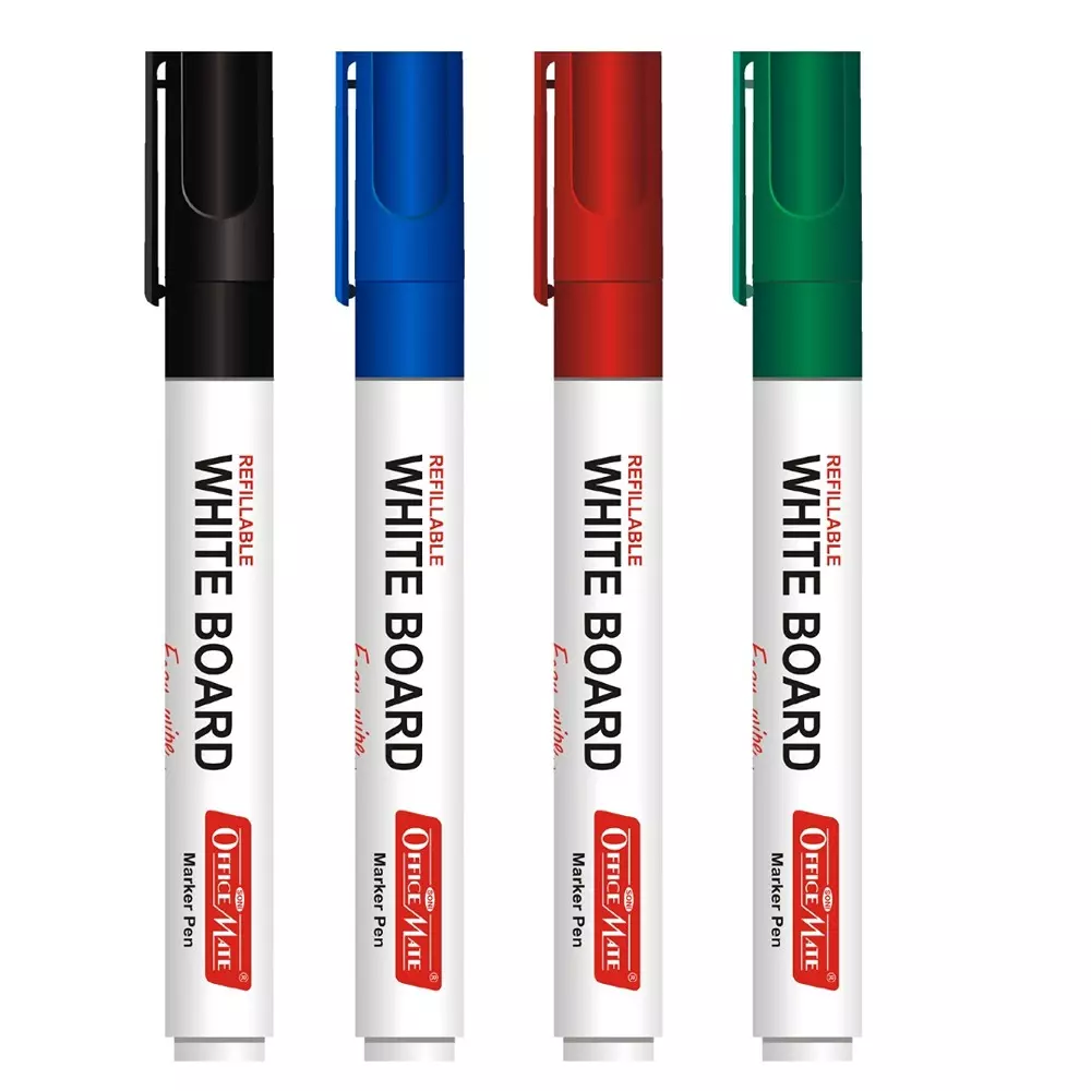 Soni Office Mate 4 Pcs Refillable Whiteboard Marker 4.43 mm Bullet Tip Multicolor for Schools & Offices in Blister Pack