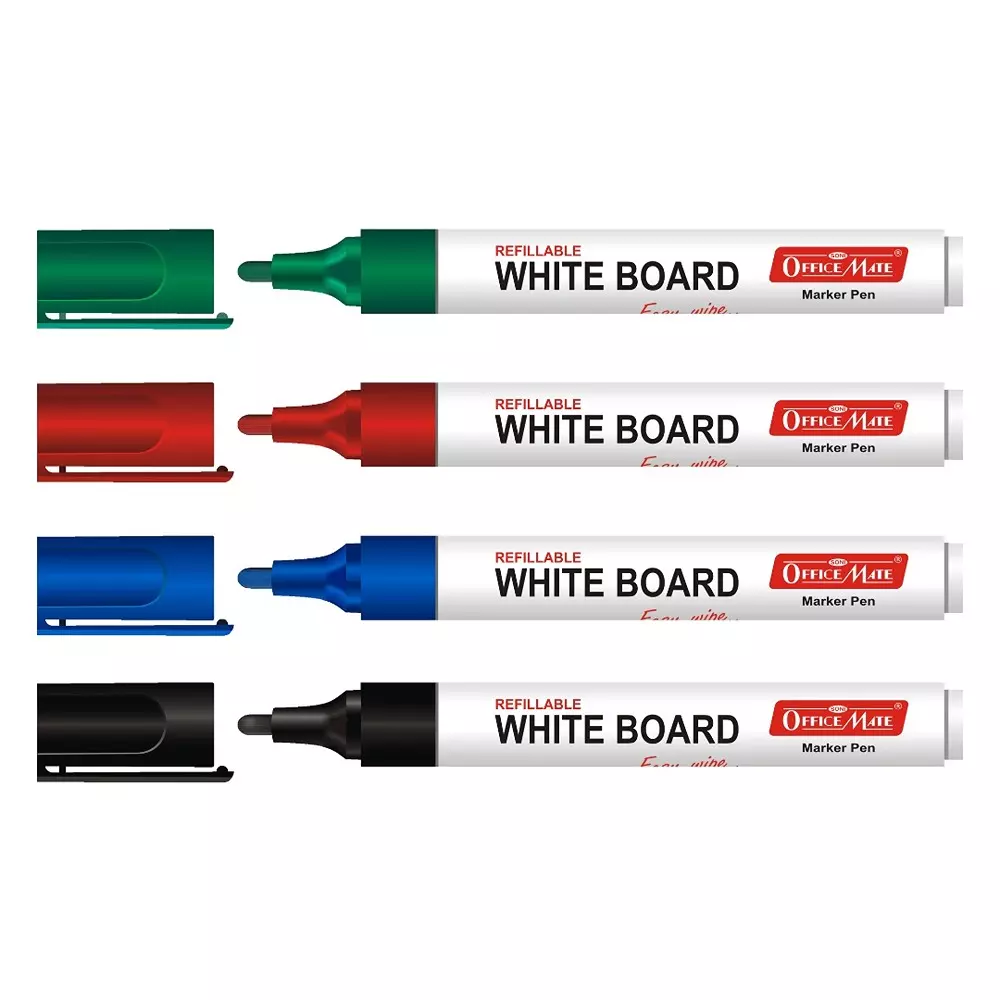 Soni Office Mate 4 Pcs Refillable Whiteboard Marker 4.43 mm Bullet Tip Multicolor for Schools & Offices in Blister Pack