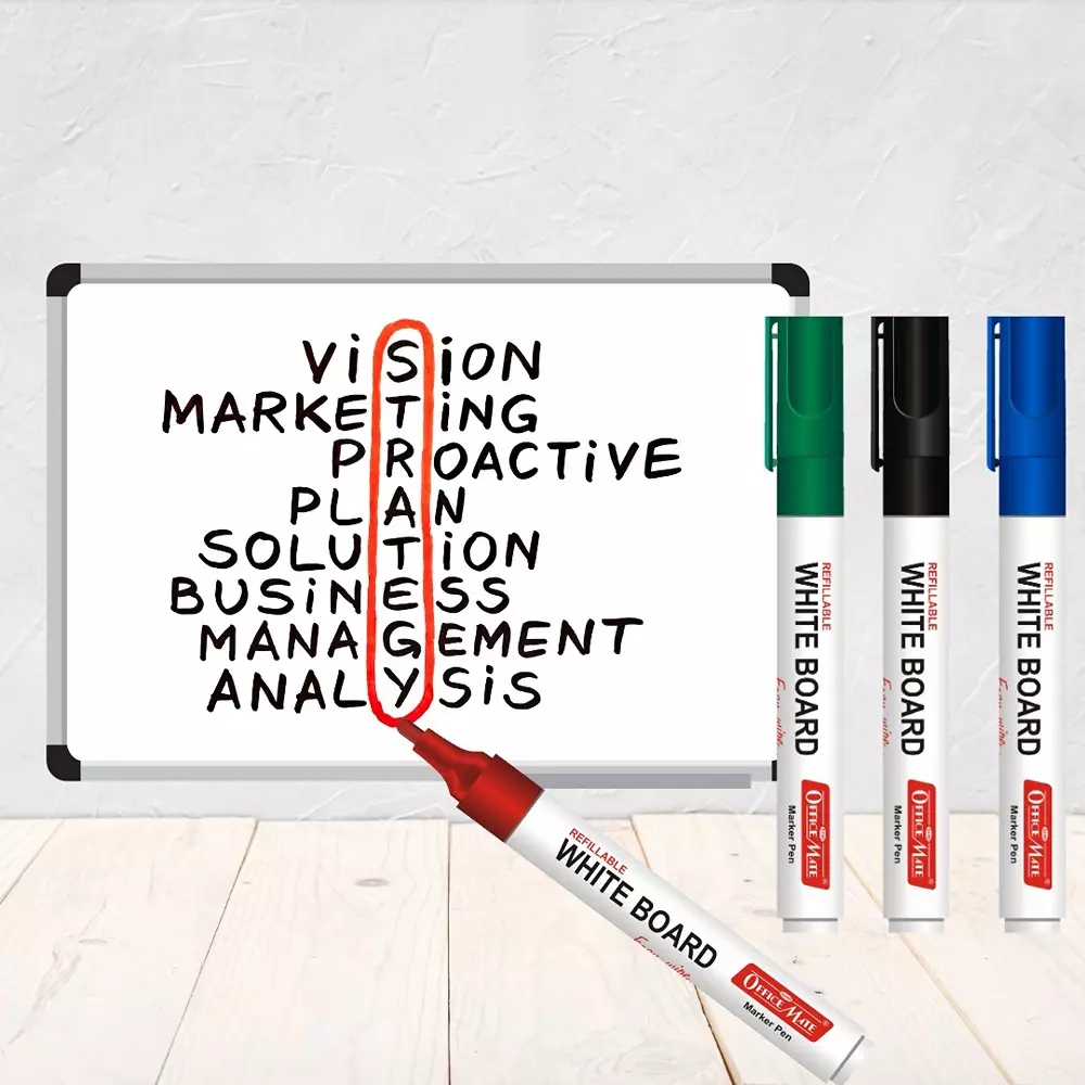 Soni Office Mate 4 Pcs Refillable Whiteboard Marker 4.43 mm Bullet Tip Multicolor for Schools & Offices in Blister Pack