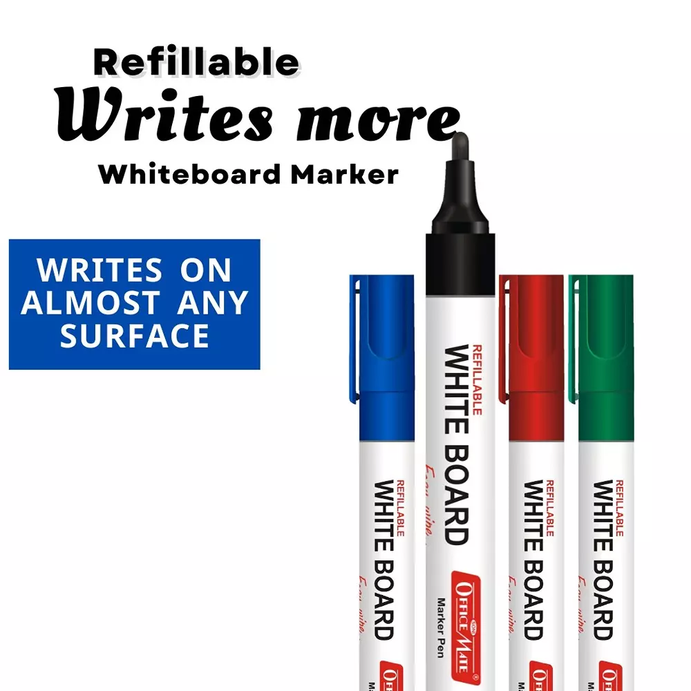 Soni Office Mate 4 Pcs Refillable Whiteboard Marker 4.43 mm Bullet Tip Multicolor for Schools & Offices in Blister Pack