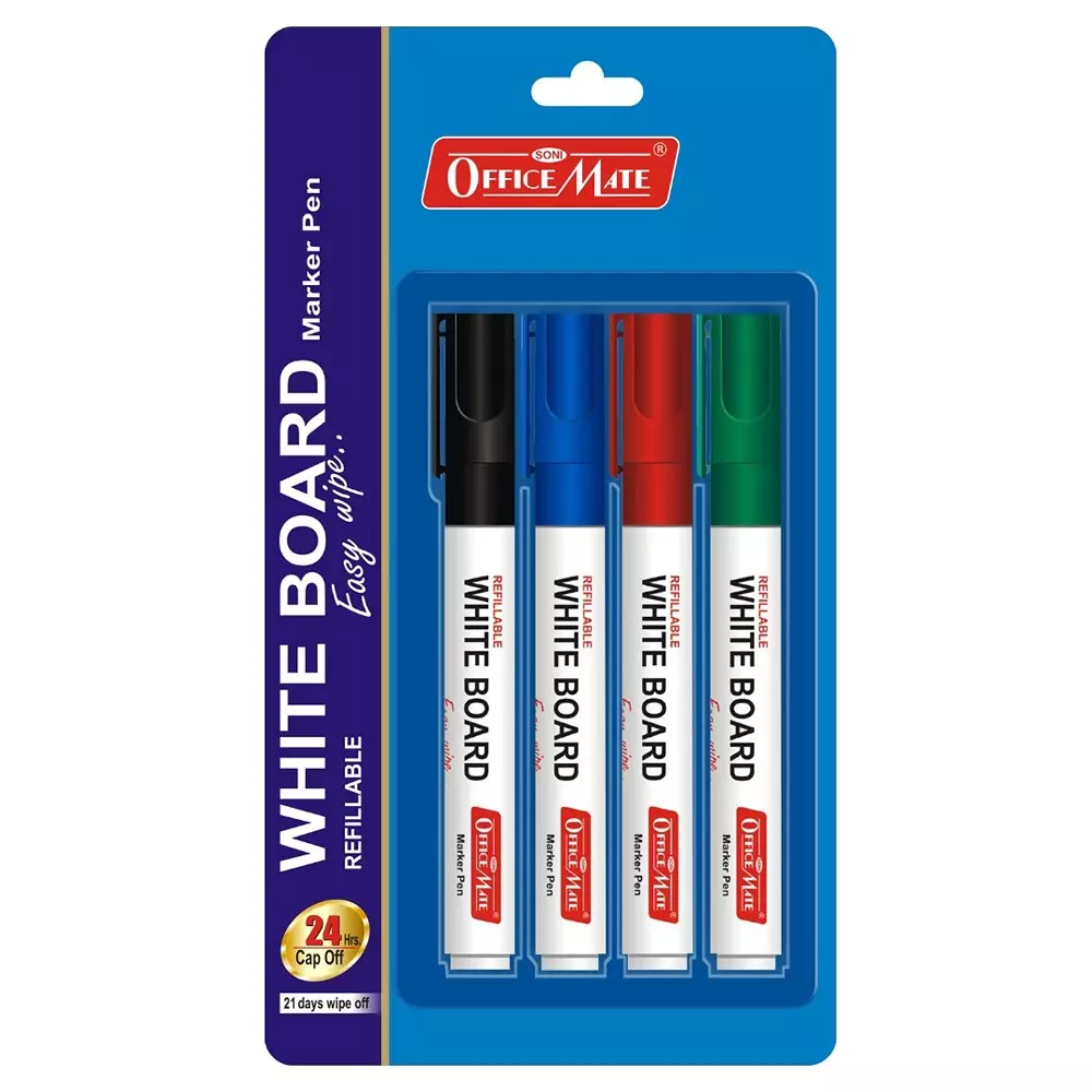 Soni Office Mate 4 Pcs Refillable Whiteboard Marker 4.43 mm Bullet Tip Multicolor for Schools & Offices in Blister Pack