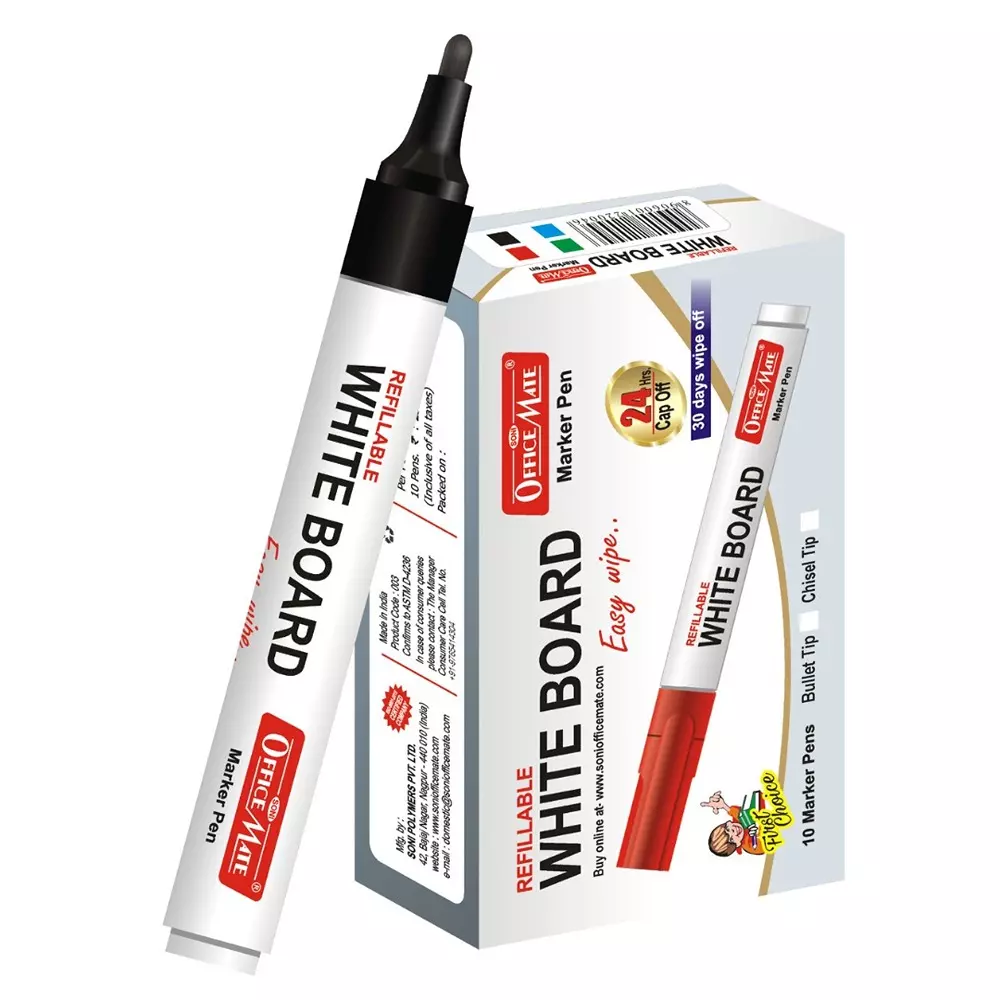 Soni Office Mate Refillable Whiteboard Marker 4.43 mm Bullet Tip Black Color for Schools & Offices (Pack of 10)