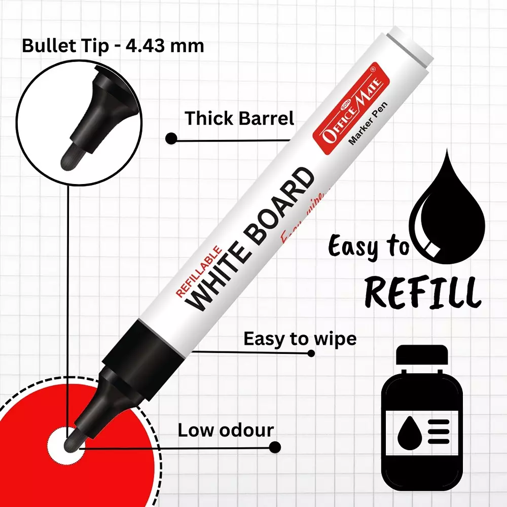 Soni Office Mate Refillable Whiteboard Marker 4.43 mm Bullet Tip Black Color for Schools & Offices (Pack of 10)