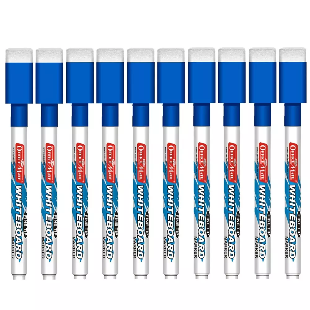 Soni Office Mate Fine Tip Whiteboard Marker with Duster Cap 2.5 mm Bullet Tip Blue Color for Schools & Offices (Pack of 10)