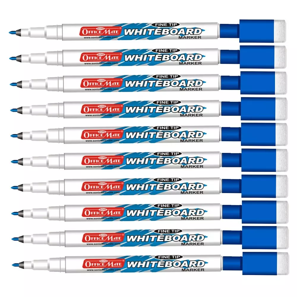 Soni Office Mate Fine Tip Whiteboard Marker with Duster Cap 2.5 mm Bullet Tip Blue Color for Schools & Offices (Pack of 10)