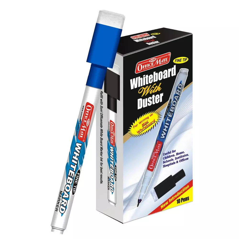Soni Office Mate Fine Tip Whiteboard Marker with Duster Cap 2.5 mm Bullet Tip Blue Color for Schools & Offices (Pack of 10)