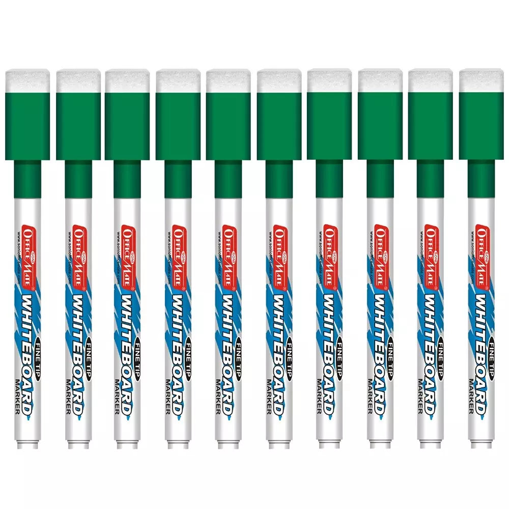 Soni Office Mate Fine Tip Whiteboard Marker with Duster Cap 2.5 mm Bullet Tip Green Color for Schools & Offices (Pack of 10)