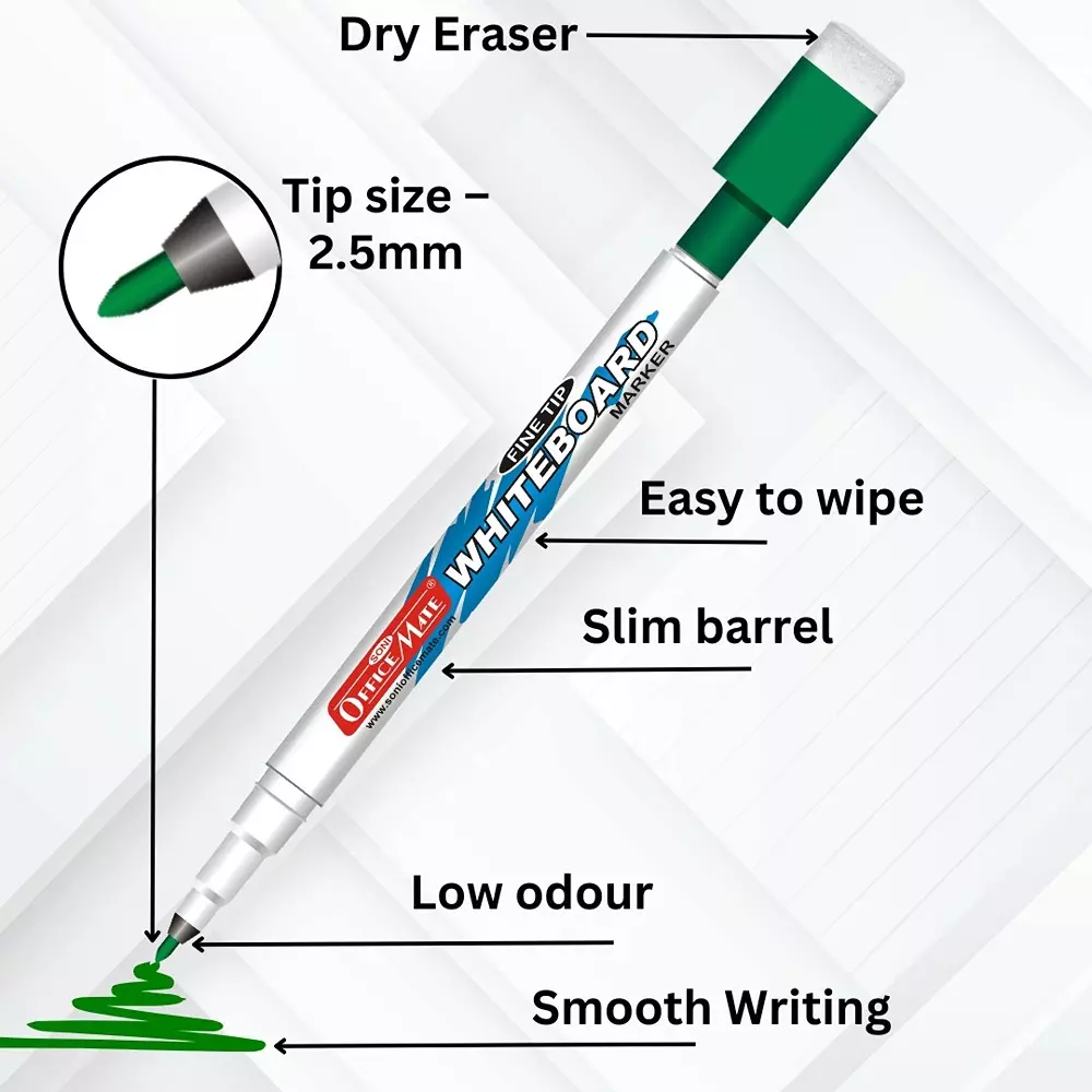 Soni Office Mate Fine Tip Whiteboard Marker with Duster Cap 2.5 mm Bullet Tip Green Color for Schools & Offices (Pack of 10)