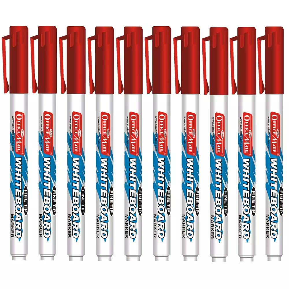 Soni Office Mate Fine Tip Whiteboard Marker 2.5 mm Bullet Tip Red Color for Schools & Offices (Pack of 10)