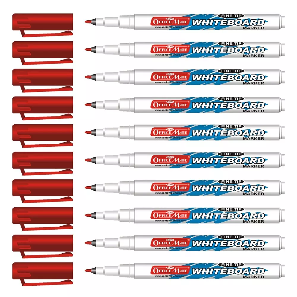 Soni Office Mate Fine Tip Whiteboard Marker 2.5 mm Bullet Tip Red Color for Schools & Offices (Pack of 10)