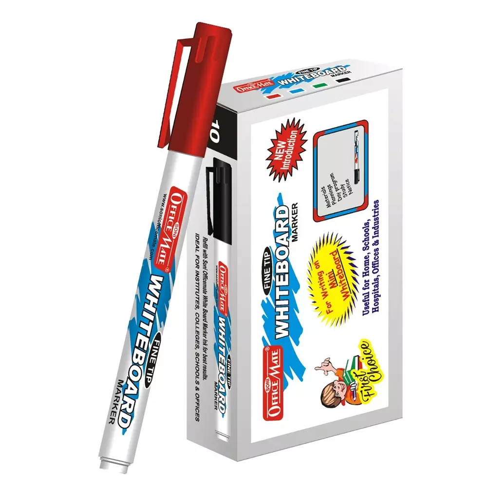 Soni Office Mate Fine Tip Whiteboard Marker 2.5 mm Bullet Tip Red Color for Schools & Offices (Pack of 10)