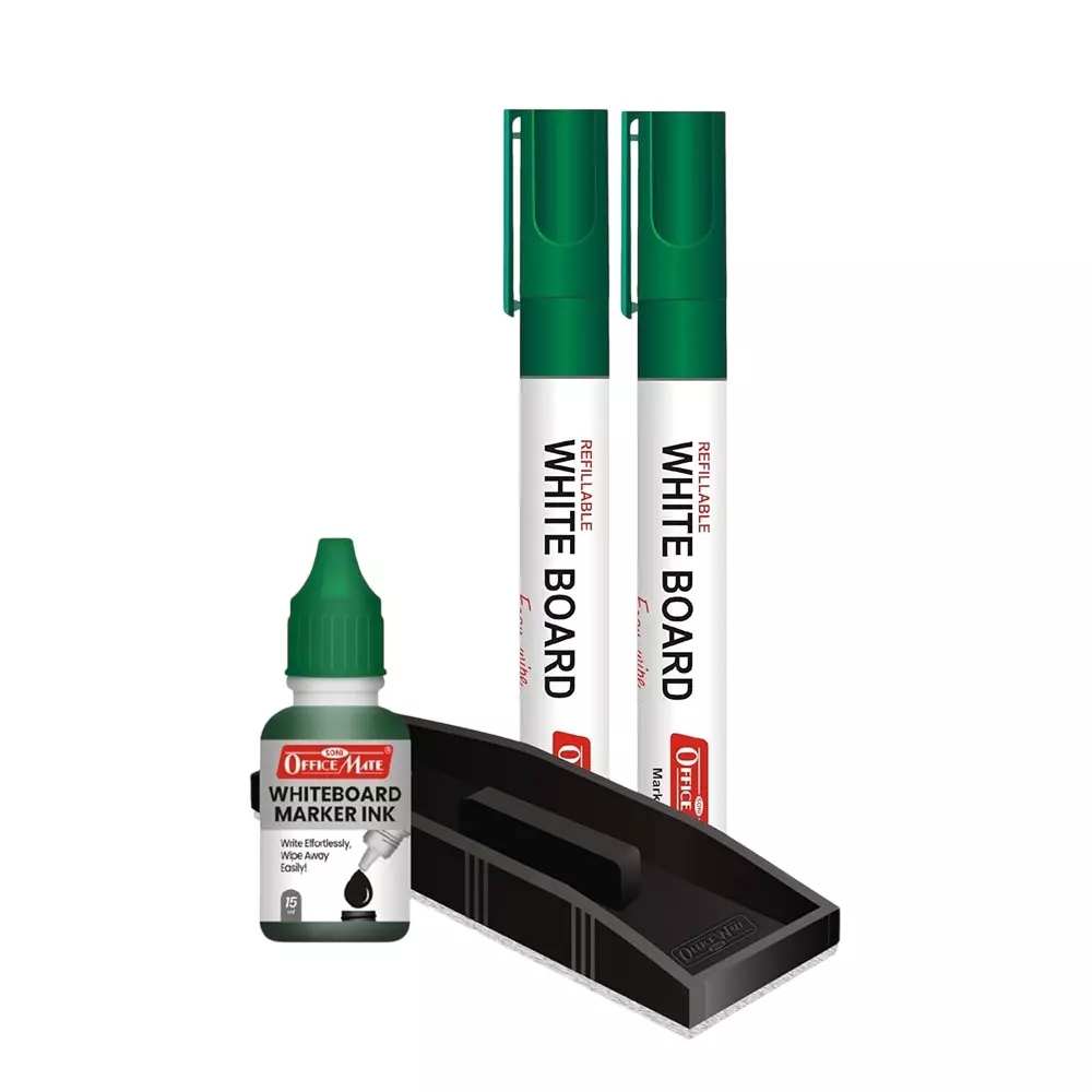 Soni OfficeMate Whiteboard Marker, Duster & Ink Combo 14 cm Marker Size 4.43 mm Tip Size 15 ml Green Ink Color for Office, College & School Use