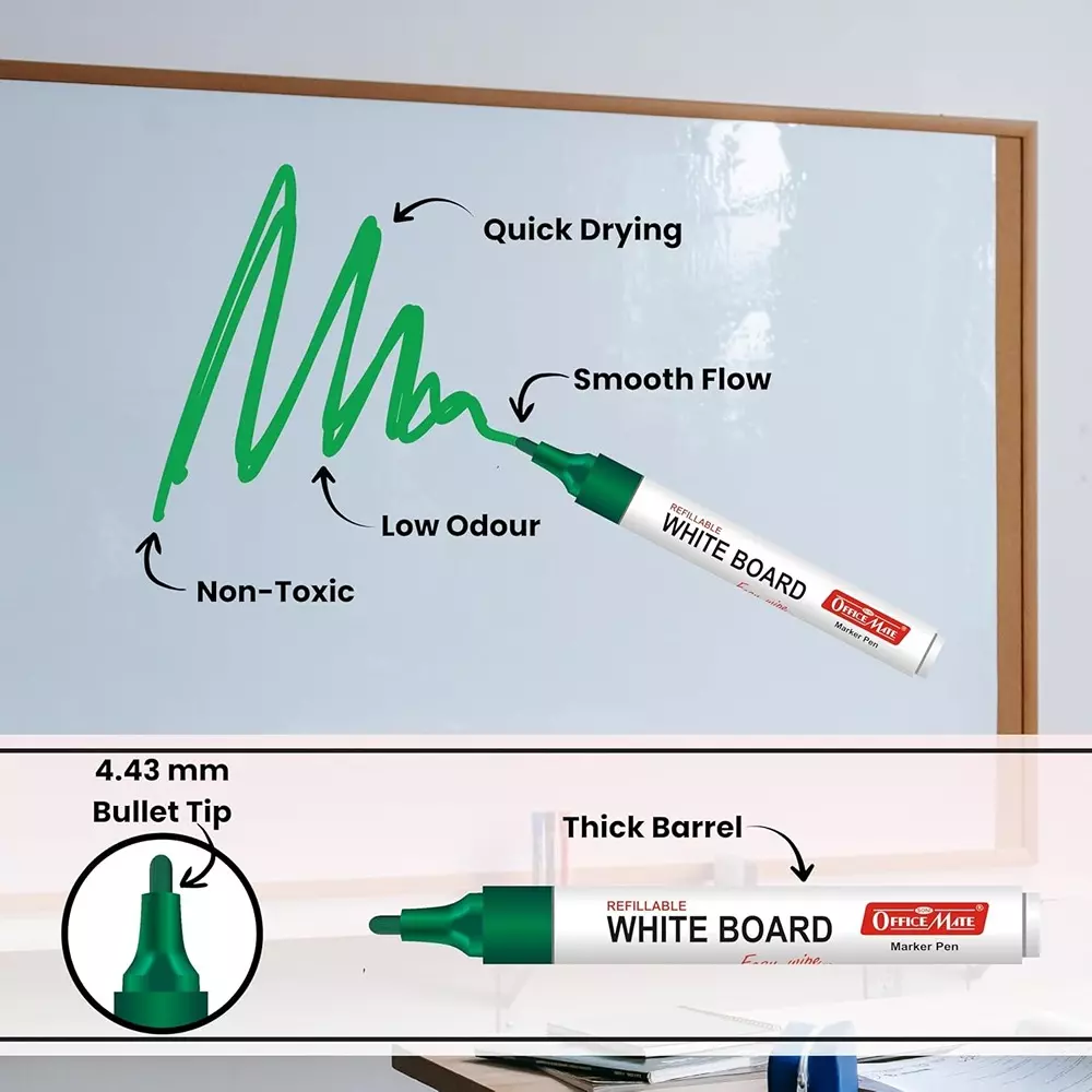 Soni OfficeMate Whiteboard Marker, Duster & Ink Combo 14 cm Marker Size 4.43 mm Tip Size 15 ml Green Ink Color for Office, College & School Use